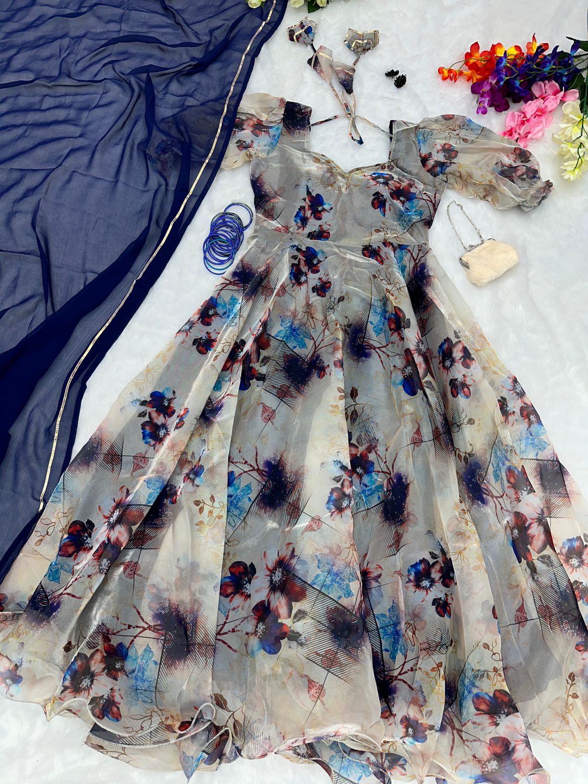 Gorgeous Off White Color Organza Silk Multi Print Gown  Vastra Shop