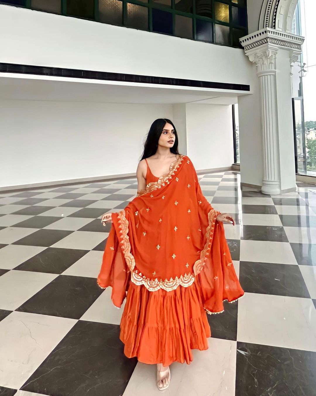 Graceful Orange Color Ruffle Anarkali Gown