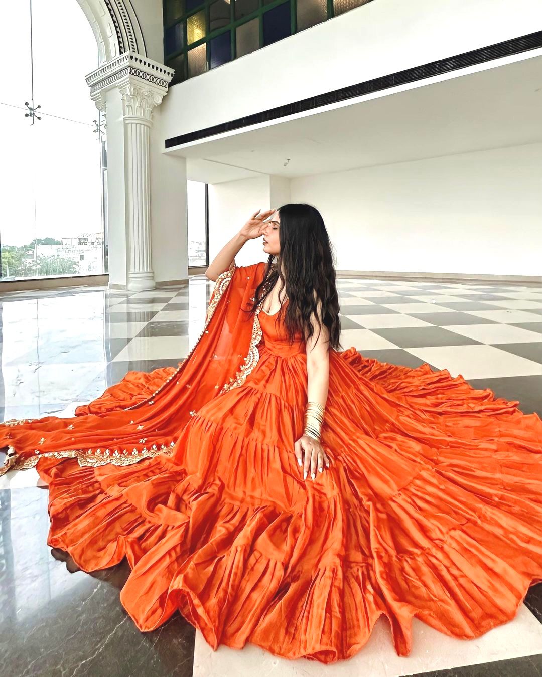 Graceful Orange Color Ruffle Anarkali Gown