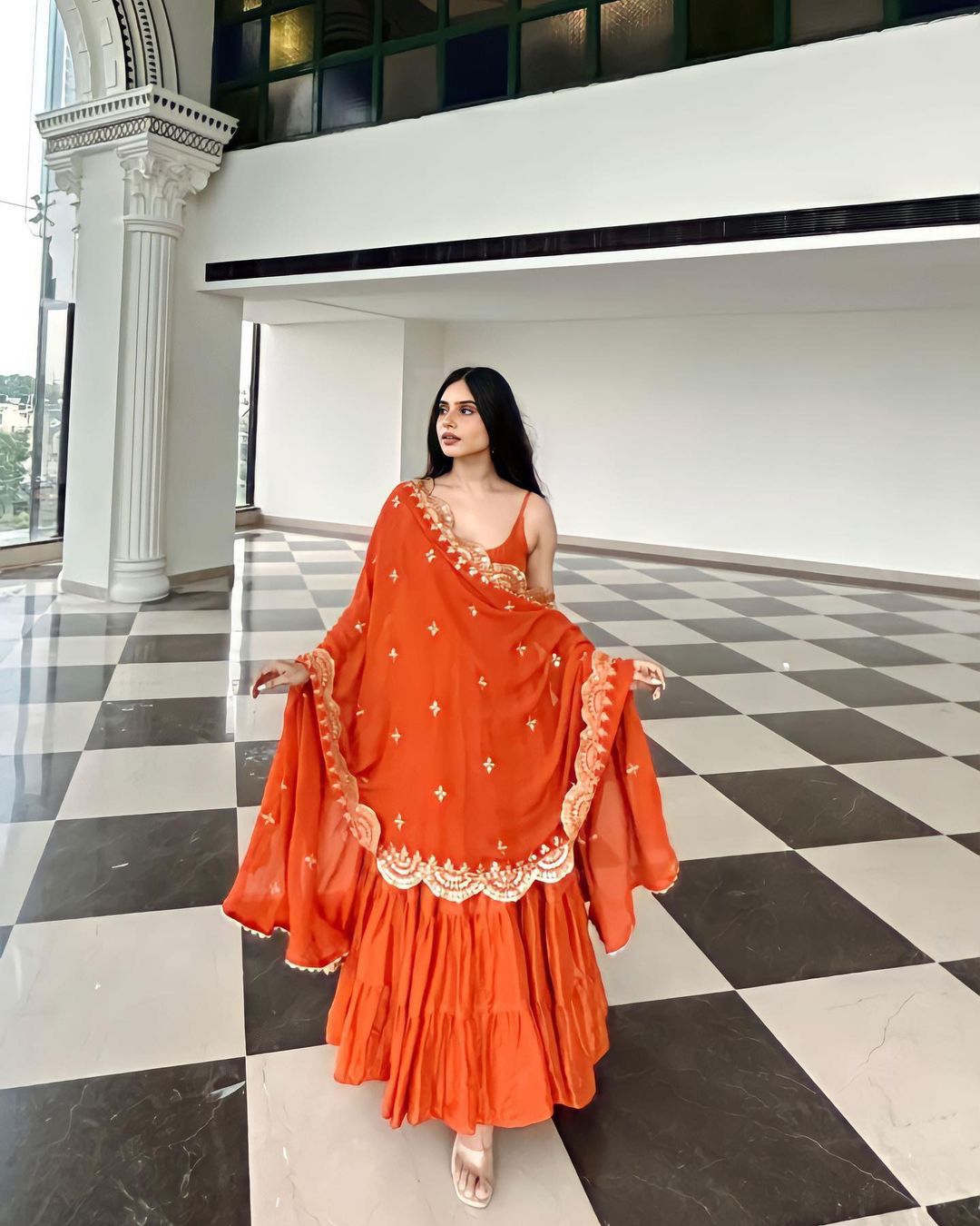 Graceful Orange Color Ruffle Anarkali Gown