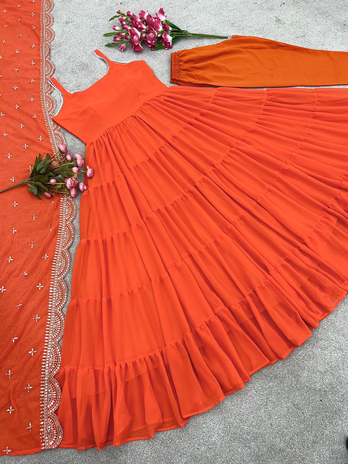 Graceful Orange Color Ruffle Anarkali Gown