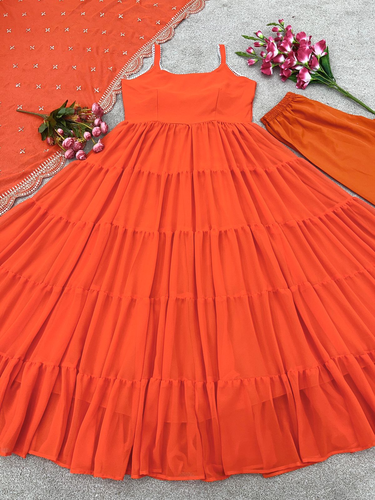 Graceful Orange Color Ruffle Anarkali Gown