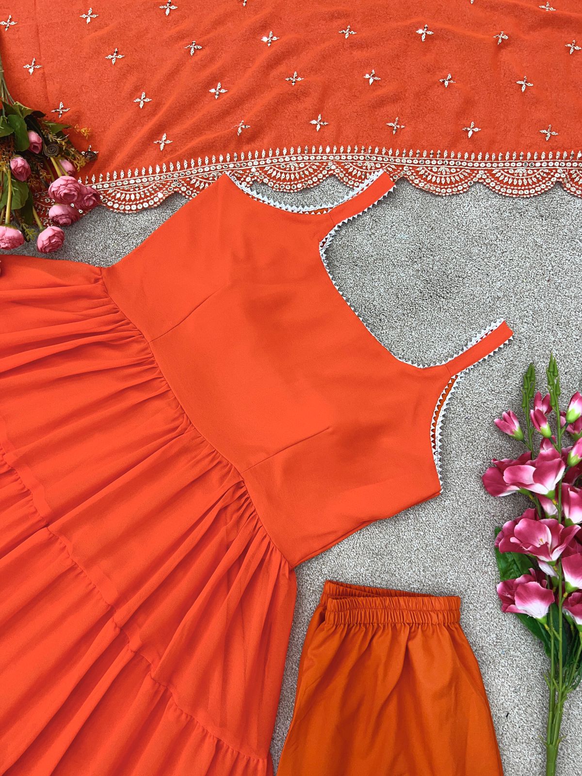 Graceful Orange Color Ruffle Anarkali Gown