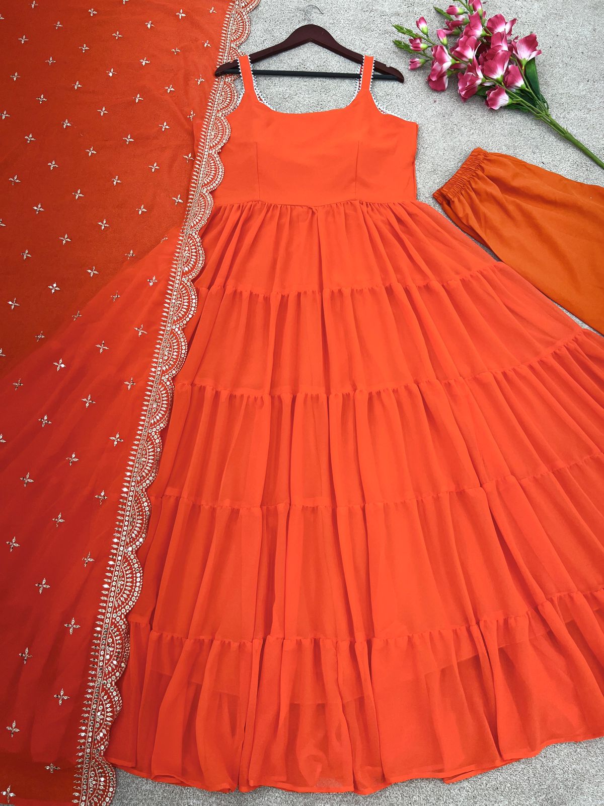 Graceful Orange Color Ruffle Anarkali Gown