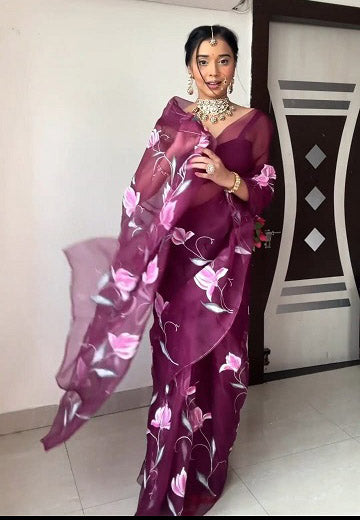 Ready To Wear Organza Silk Wine Color Saree