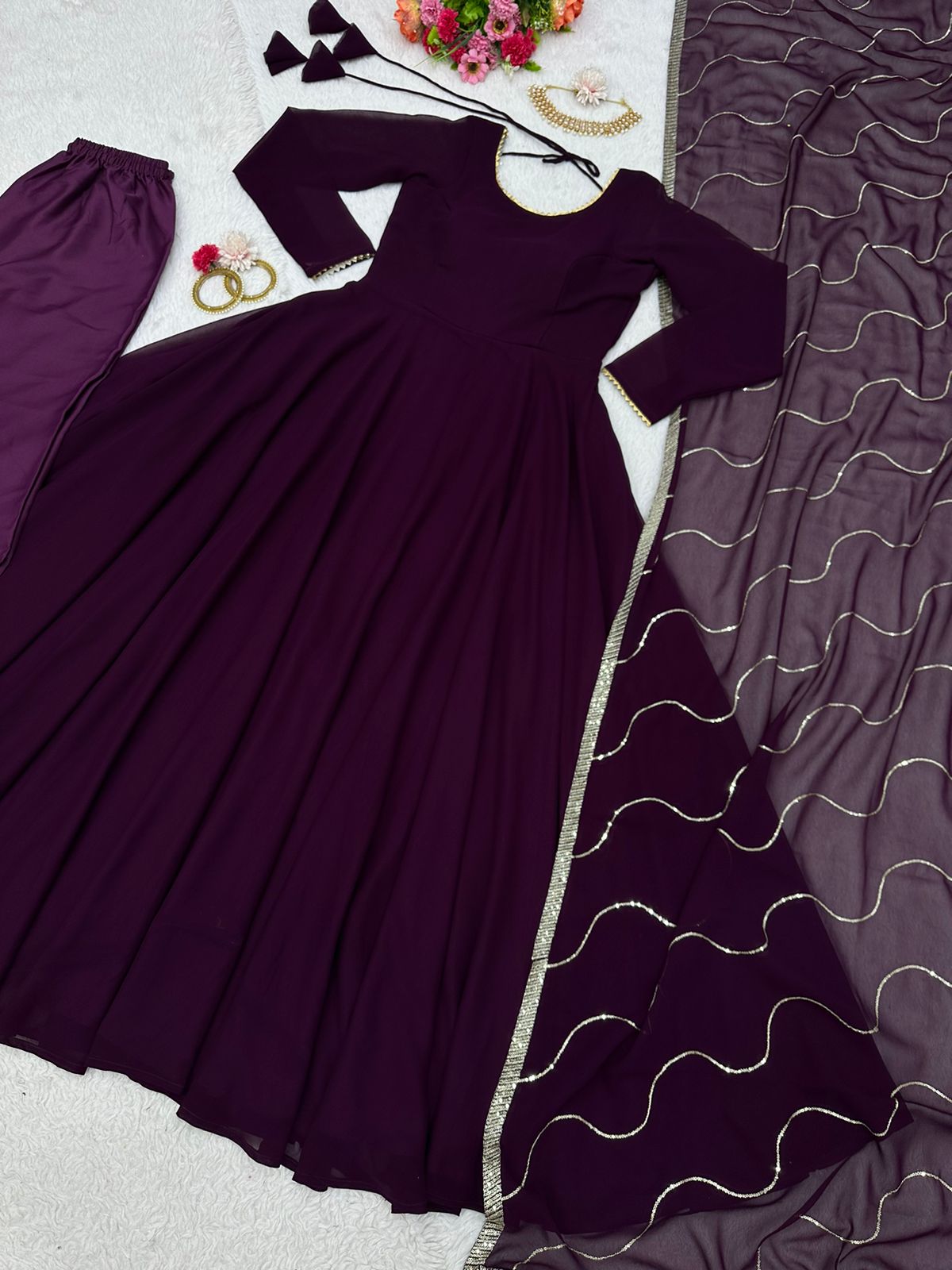 Wine Attractive Looking Readymade Gown With Dupatta In Designer Digital Printed Work main image 1