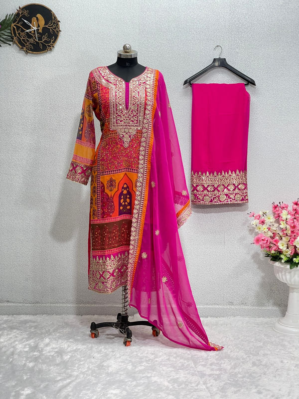 Multi With Pink Color Hand Work With Cut Work Sharara Suit