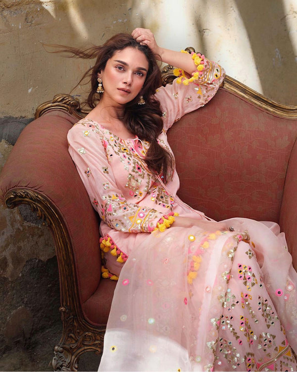 Trendy Light Pink Color Mirror Handwork Sharara Suit