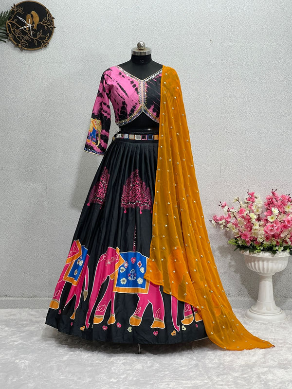Stylish Real Mirror Work Multi Print Black Color Lehenga Choli