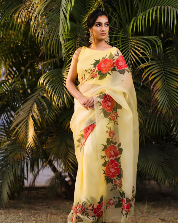 Precious Moti Work Organza Silk Yellow Color Saree