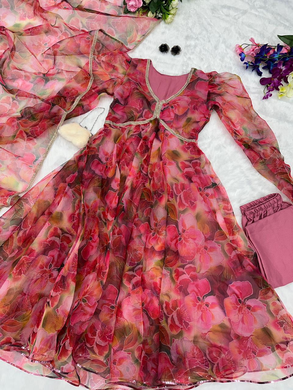 Admiring Dusty Pink Color Organza Anarkali Gown