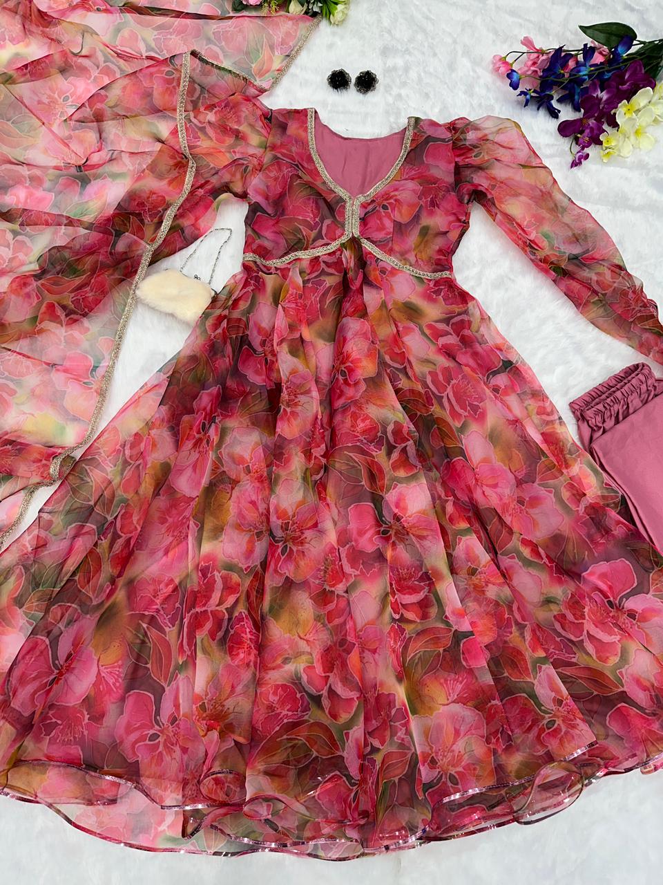 Admiring Dusty Pink Color Organza Anarkali Gown