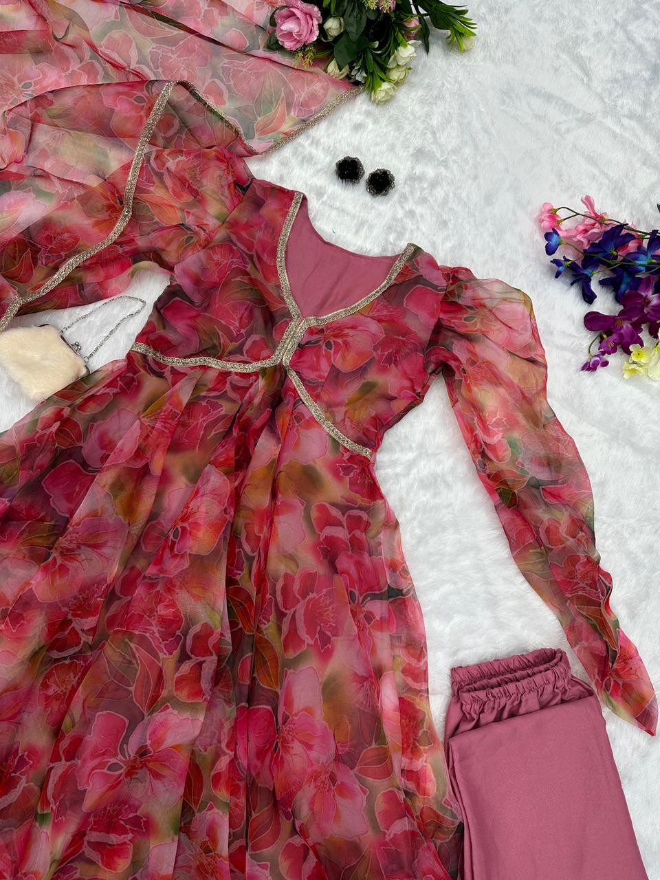 Admiring Dusty Pink Color Organza Anarkali Gown