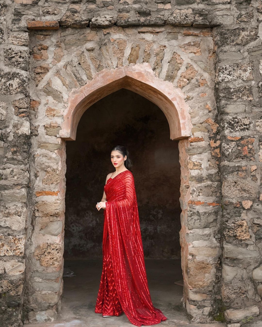 Embellished Sequence Work Red Color Saree