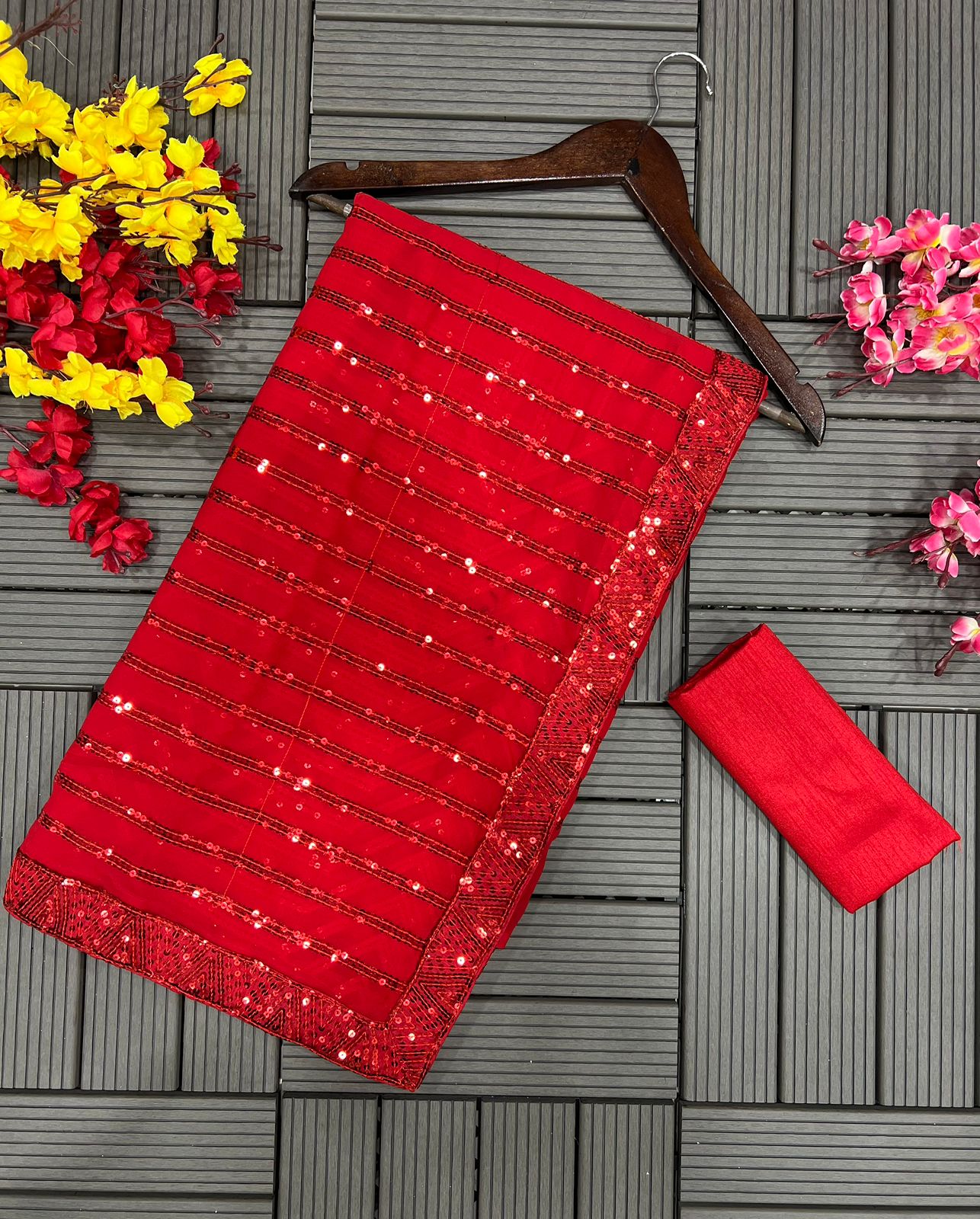 Embellished Sequence Work Red Color Saree