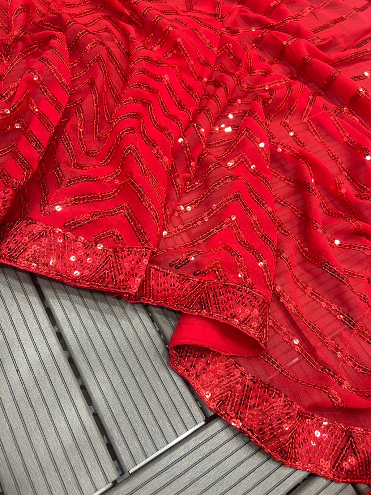 Embellished Sequence Work Red Color Saree