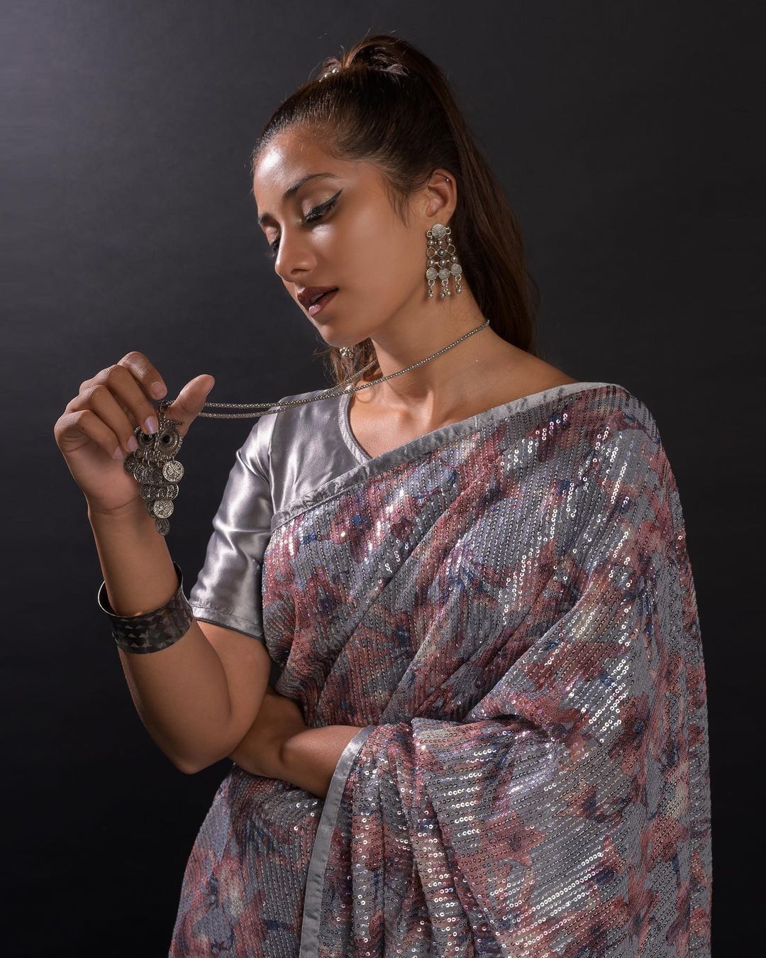 Exclusive Print With Sequence Work Grey Color Saree