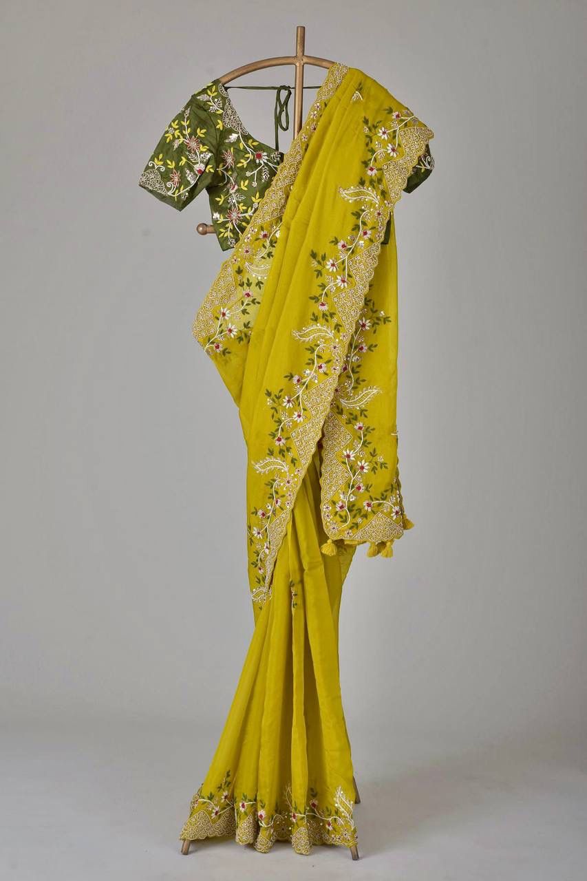 Wonderful Yellow Color Embroidery Sequence Work Saree