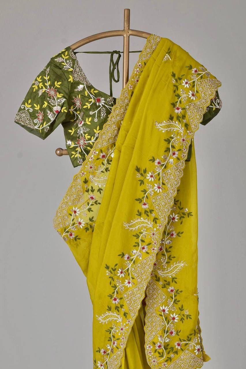 Wonderful Yellow Color Embroidery Sequence Work Saree