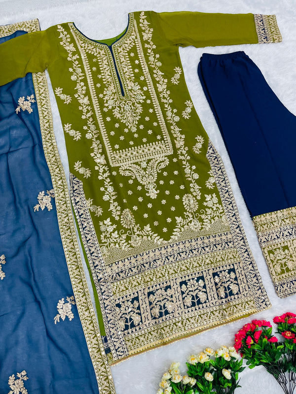 Green With Blue Color Heavy Work Pakistani Suit