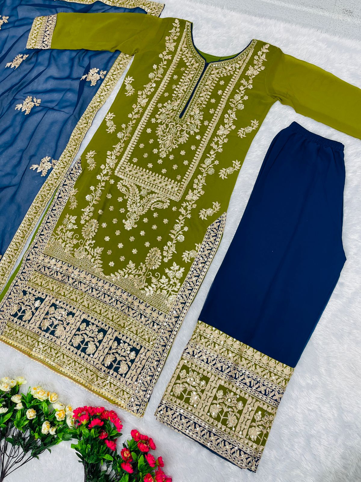 Green With Blue Color Heavy Work Pakistani Suit