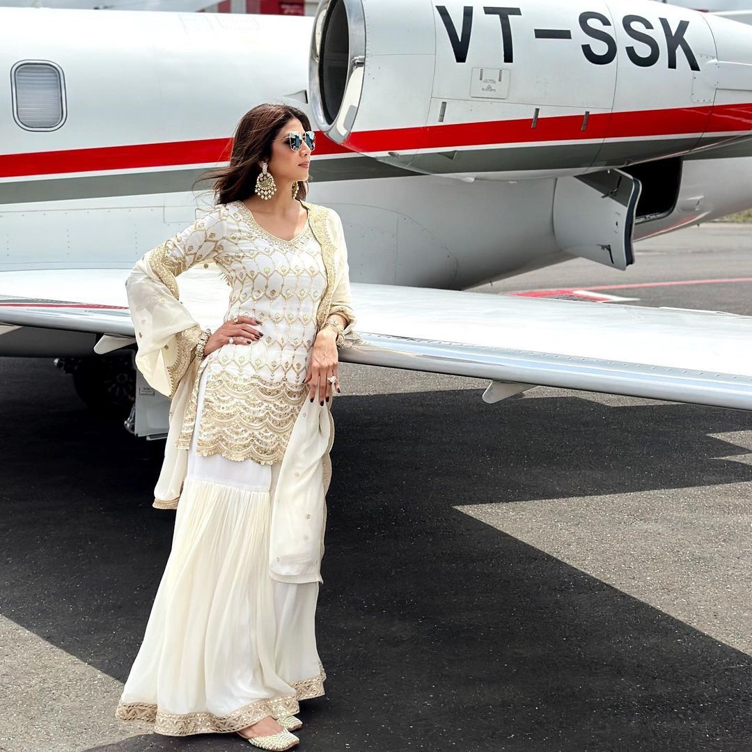 Bollywood Shilpa Shetty Wear White Color Sharara Suit