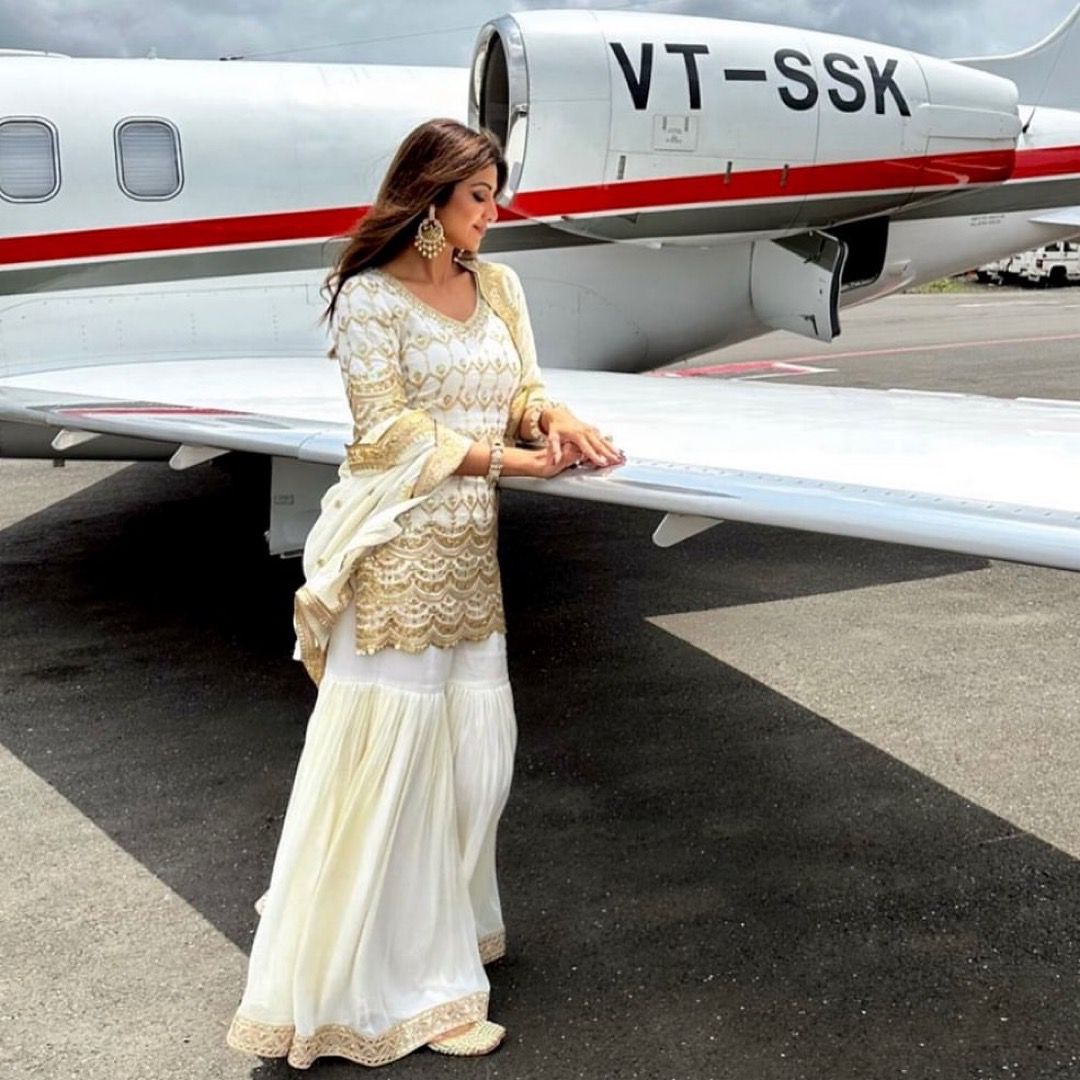 Bollywood Shilpa Shetty Wear White Color Sharara Suit