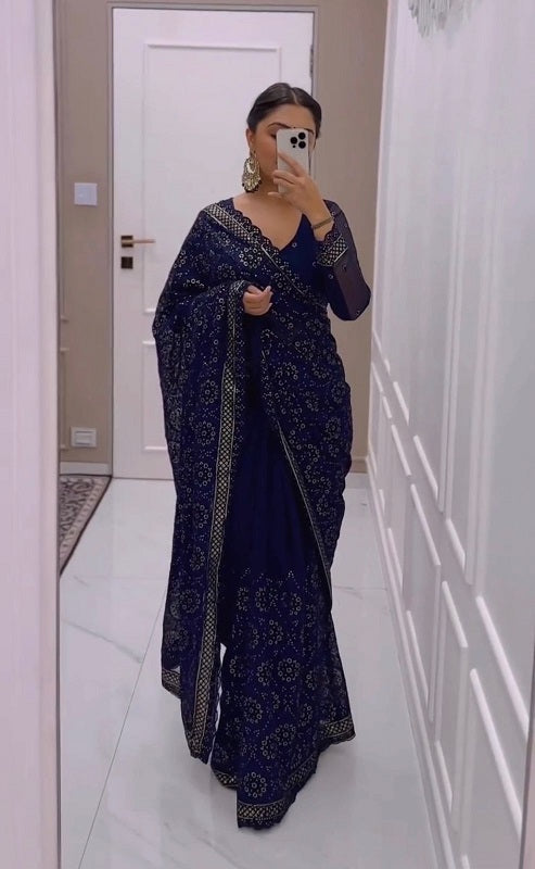 Reception Wear Navy Blue Sequence Embroidered Work Saree