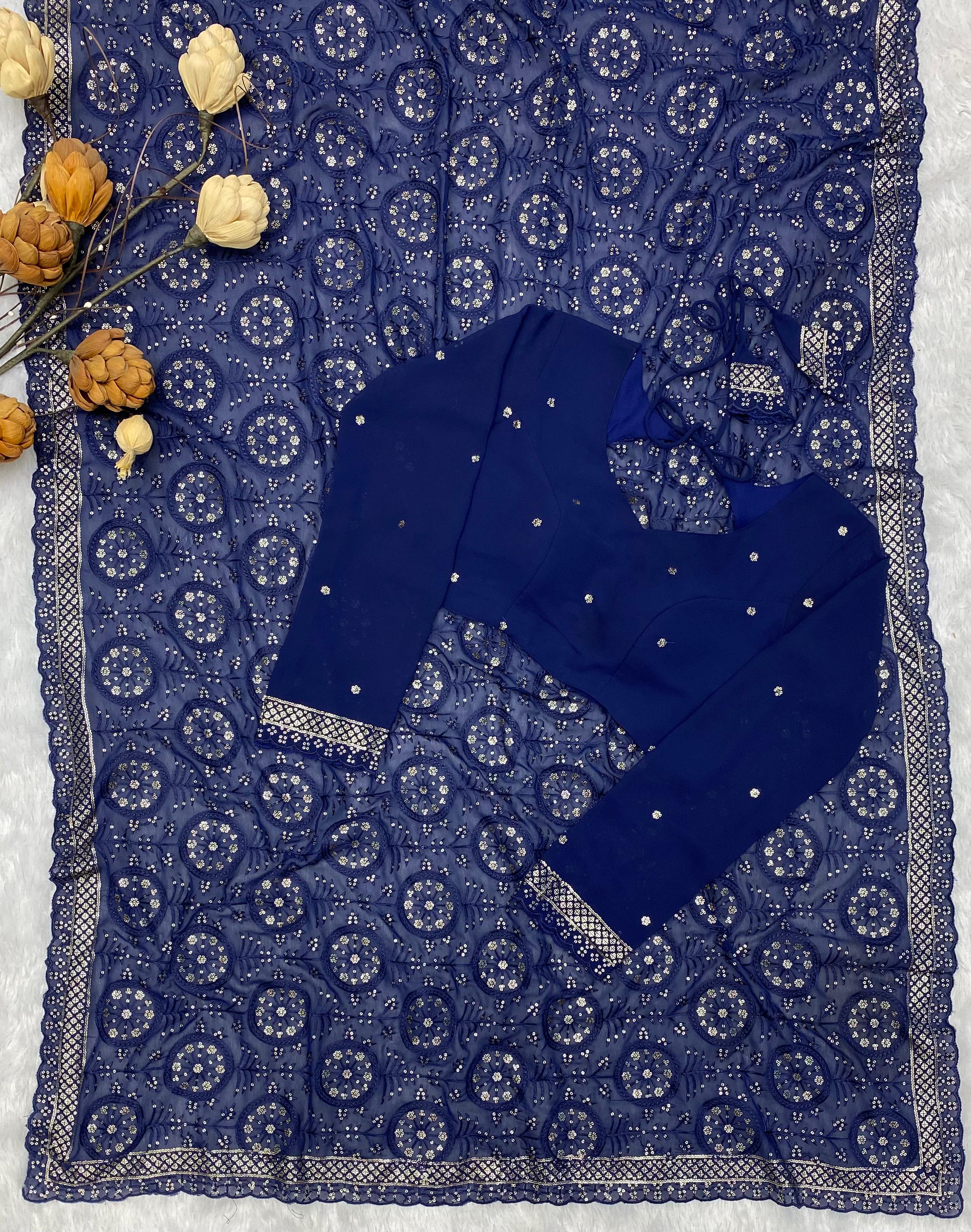 Reception Wear Navy Blue Sequence Embroidered Work Saree