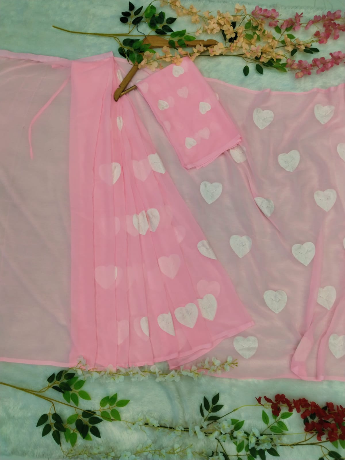 Ready To Wear Light Pink Heart Shape Thread Work Saree