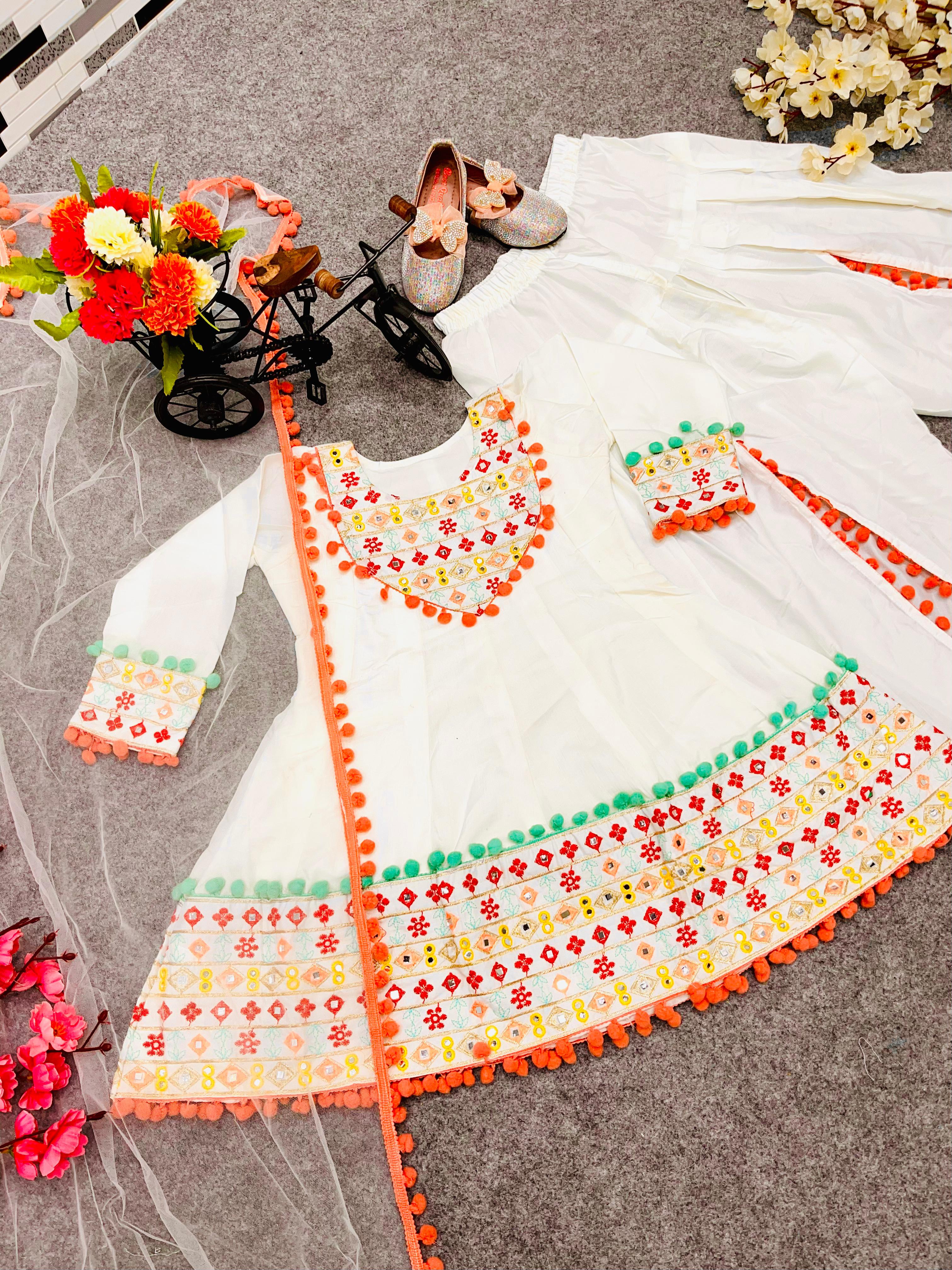 Girls White Color Multi Thread Work Dhoti Suit