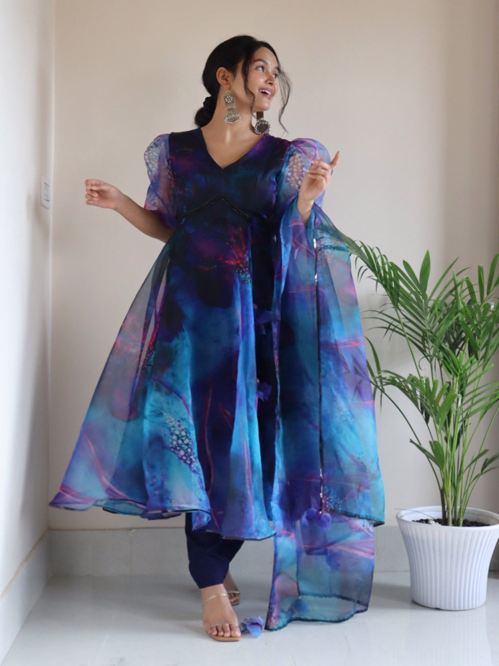 Blue Color Organza Digital Printed Anarkali Suit