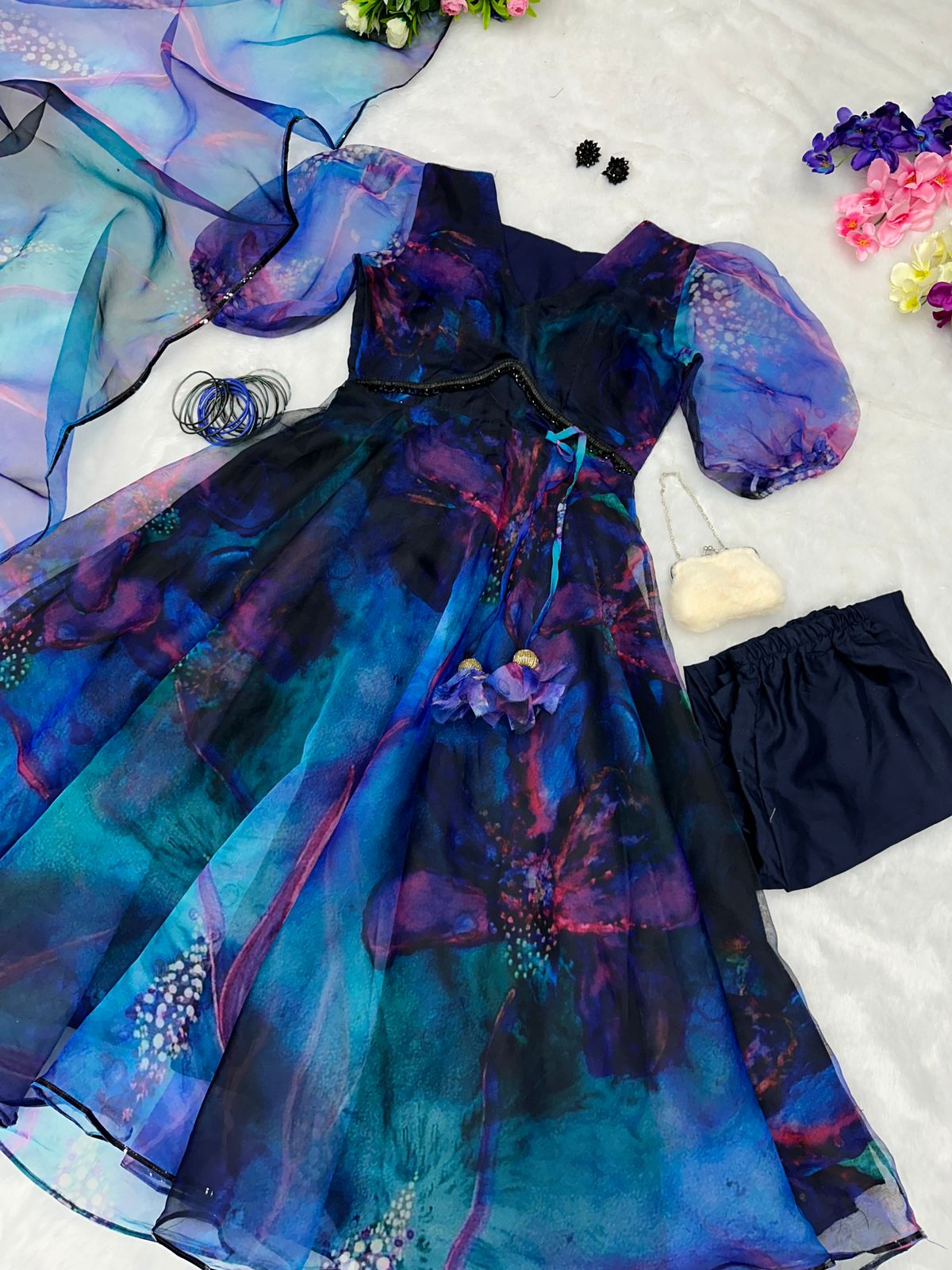 Blue Color Organza Digital Printed Anarkali Suit