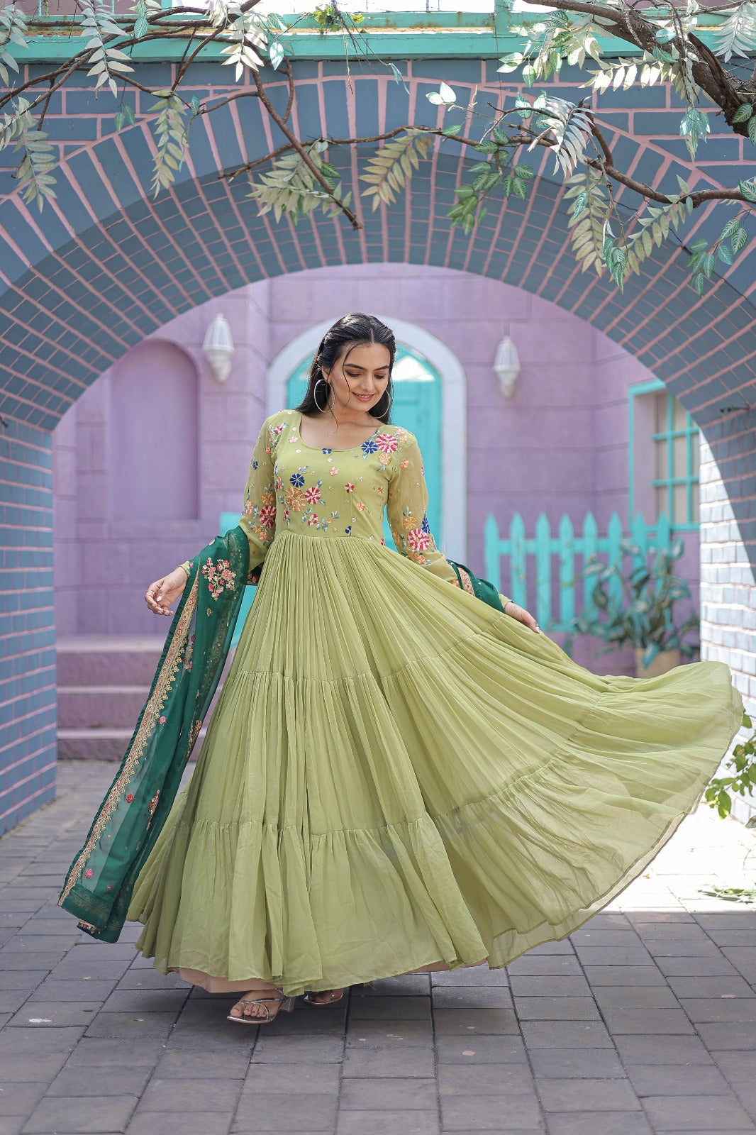 Exclusive Pista Green Color Embroidery Work Gown With Dupatta – Vastra Shop