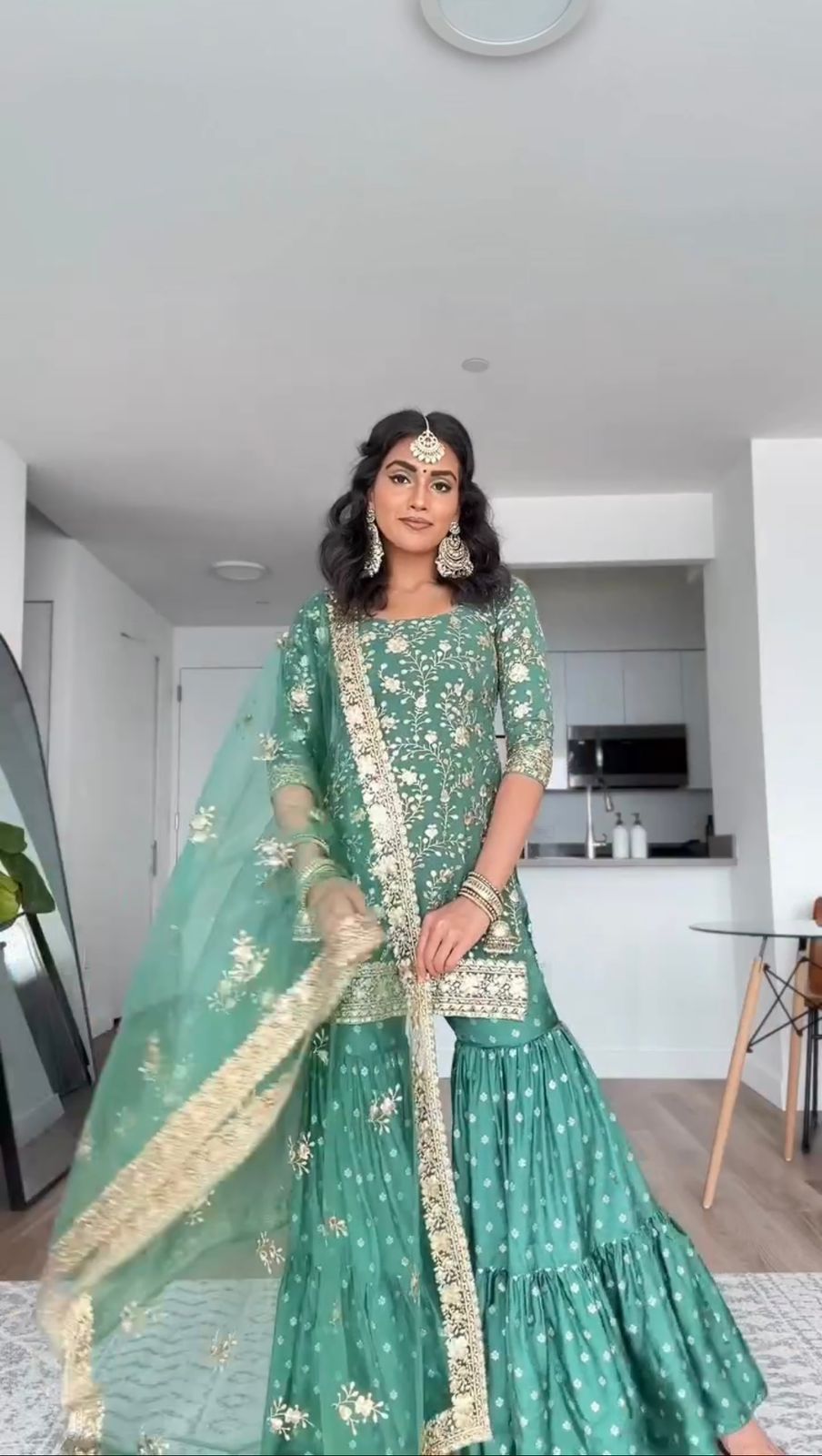 Decent Aqua Green Thread Sequence Work Sharara Suit