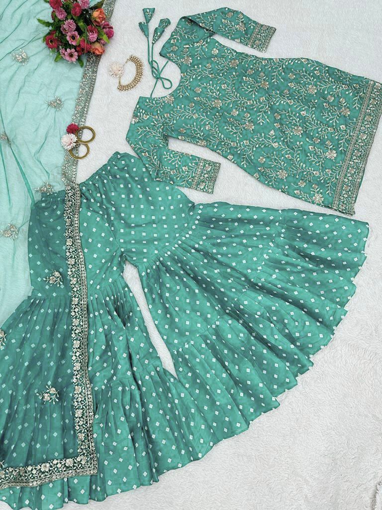 Decent Aqua Green Thread Sequence Work Sharara Suit