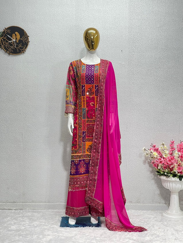 Exclusive Multi Hand Work Pink Color Sharara Suit