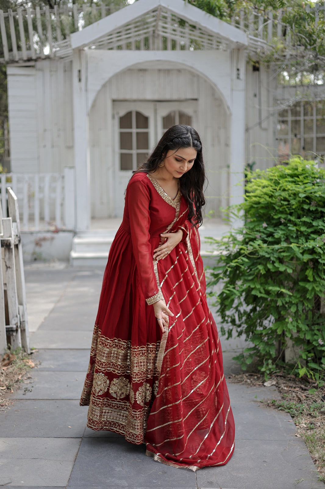 Fashionable Maroon Color Gown With Work Dupatta