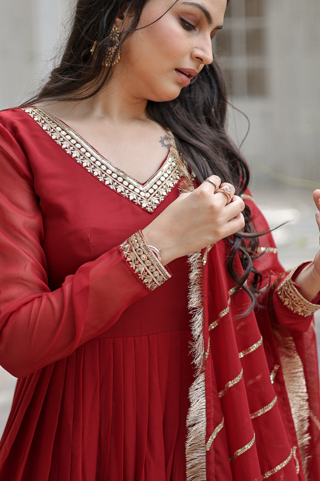 Fashionable Maroon Color Gown With Work Dupatta