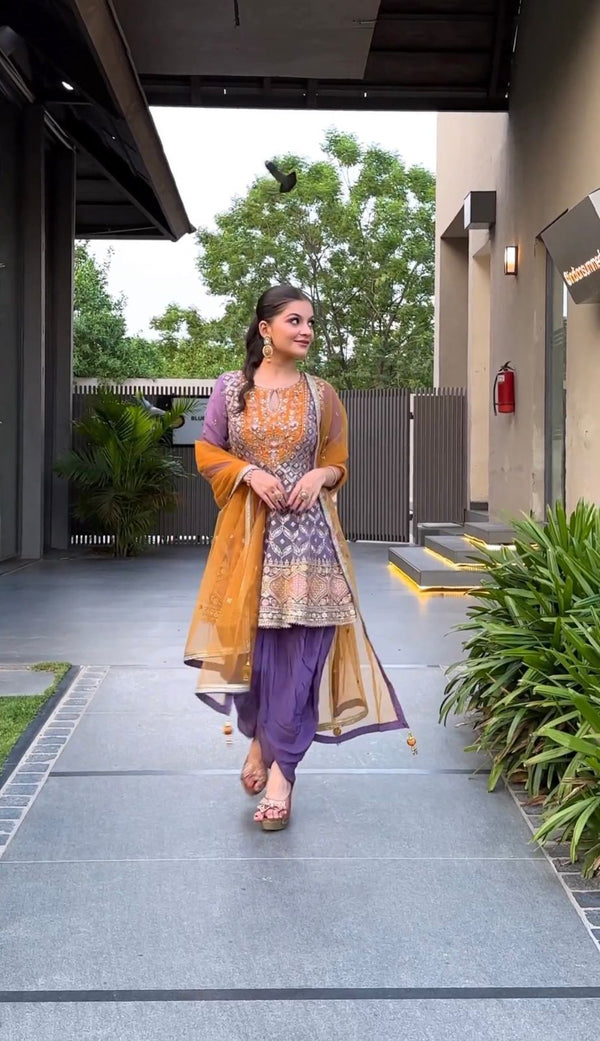 Luxuriant Embroidery Sequence Lavender Color Dhoti Suit