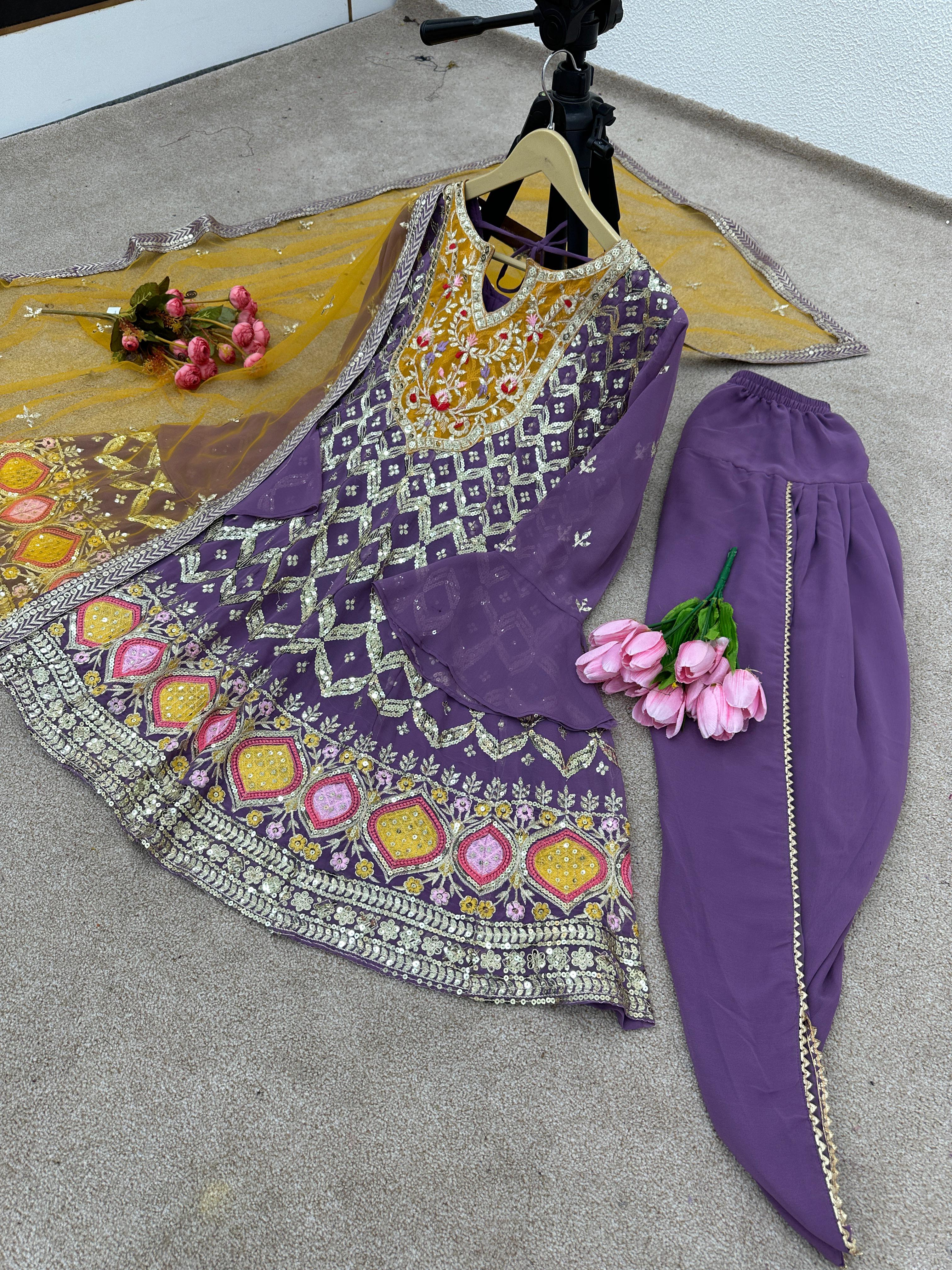 Luxuriant Embroidery Sequence Lavender Color Dhoti Suit