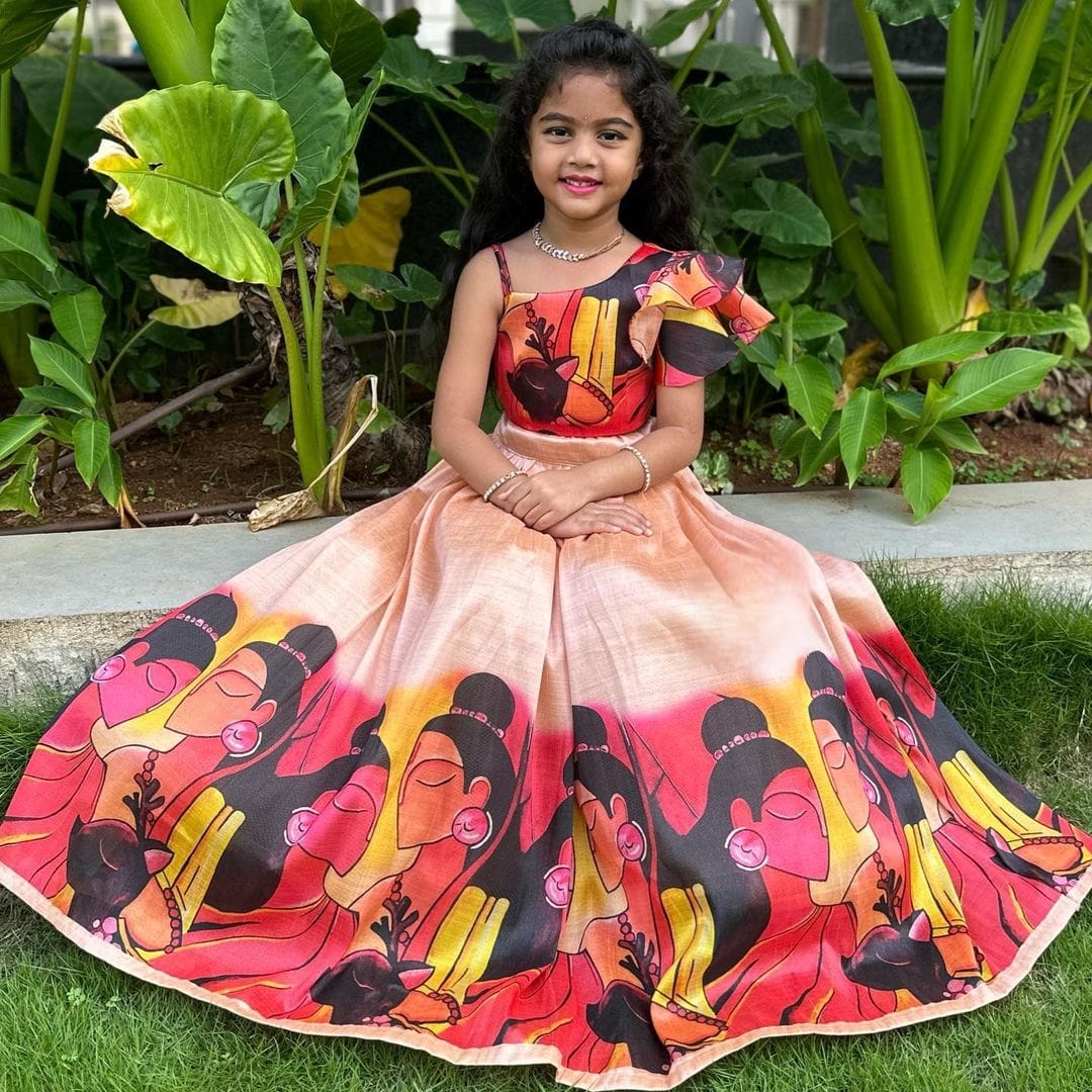 Peach Color Digital Printed Kid's Wear Lehenga Choli