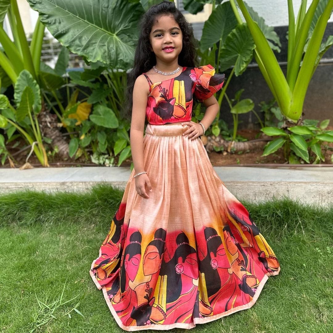 Peach Color Digital Printed Kid's Wear Lehenga Choli