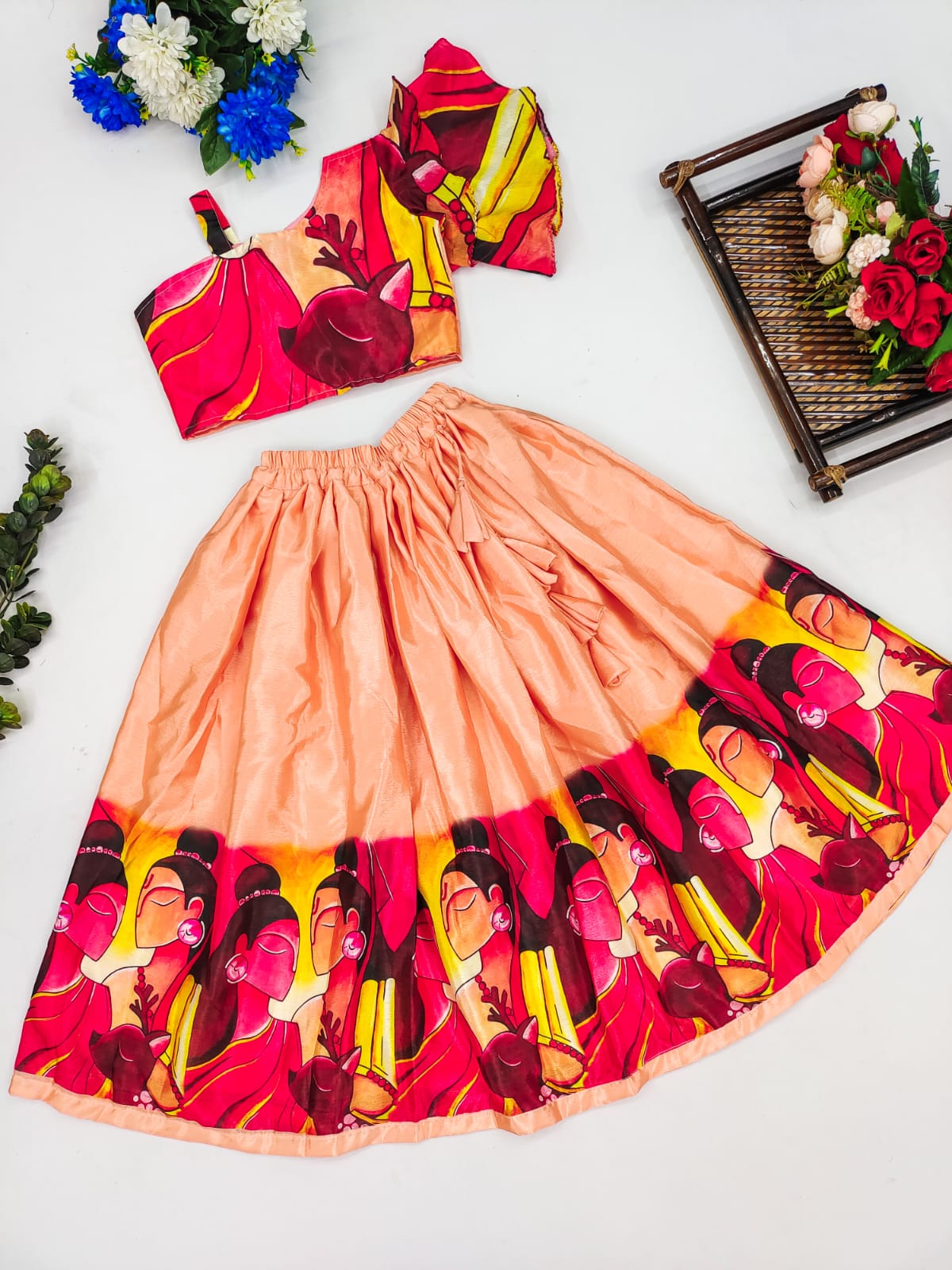 Peach Color Digital Printed Kid's Wear Lehenga Choli