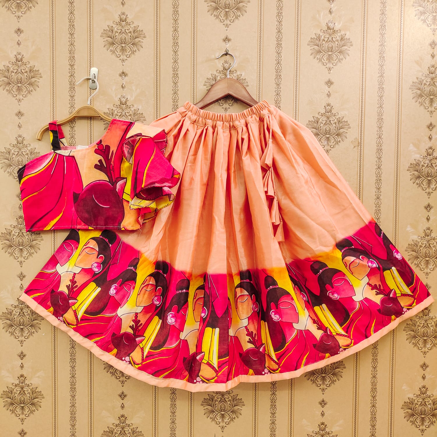 Peach Color Digital Printed Kid's Wear Lehenga Choli