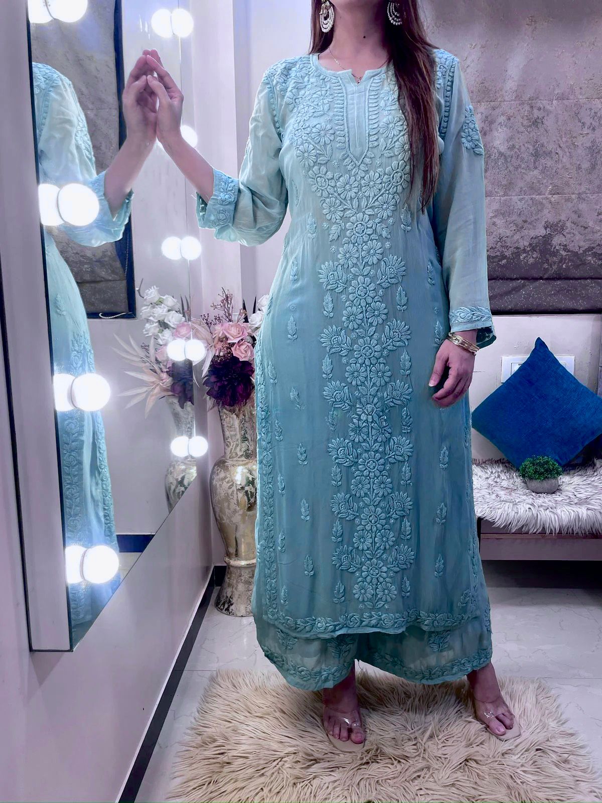 Thread Embroidery Work Sky Blue Long Kurti With Plazzo