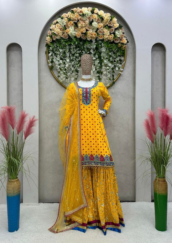 Pretty Thread Sequence Work Yellow Color Sharara Suit