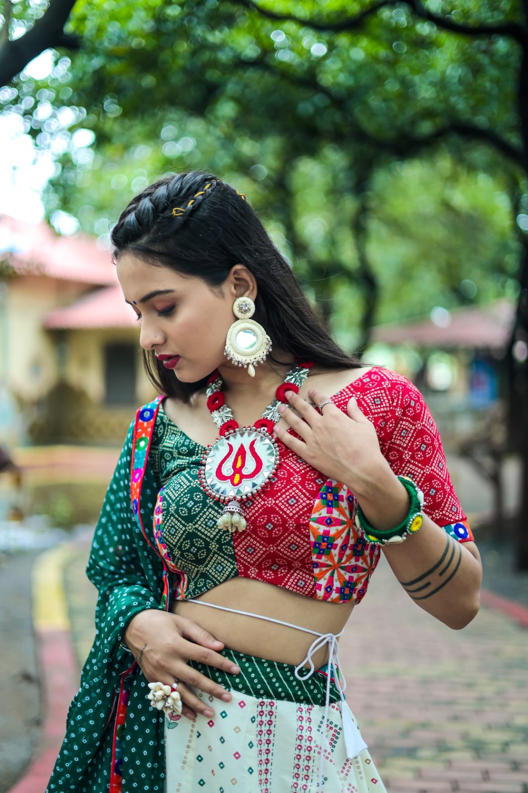 White and Green Bandhani Print Couple Dress Combo