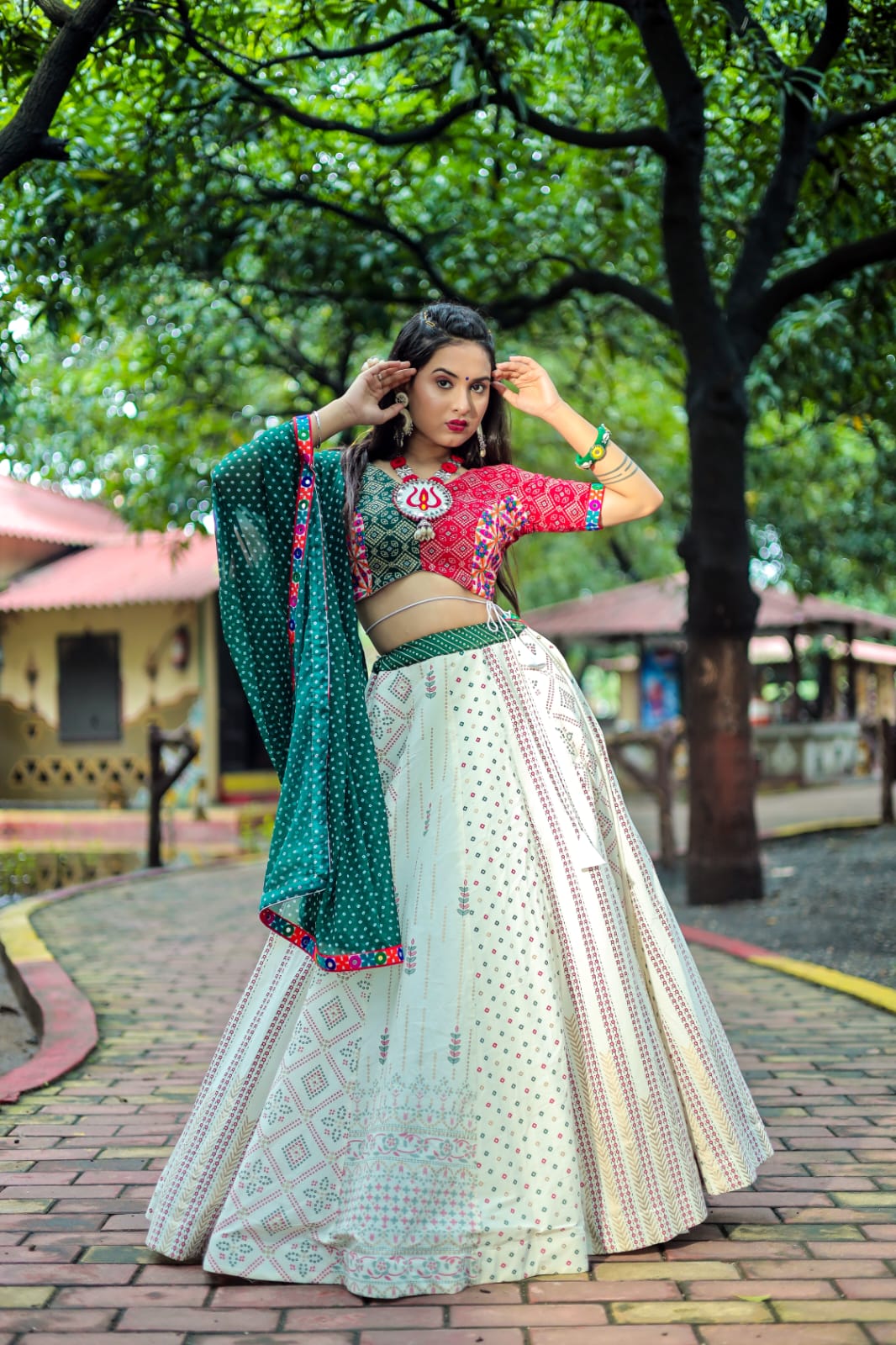 White and Green Bandhani Print Couple Dress Combo