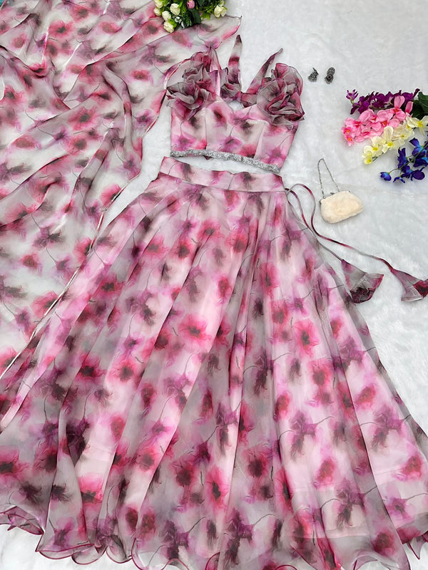Glorious Light Pink Color Organza Pattern Lehenga Choli